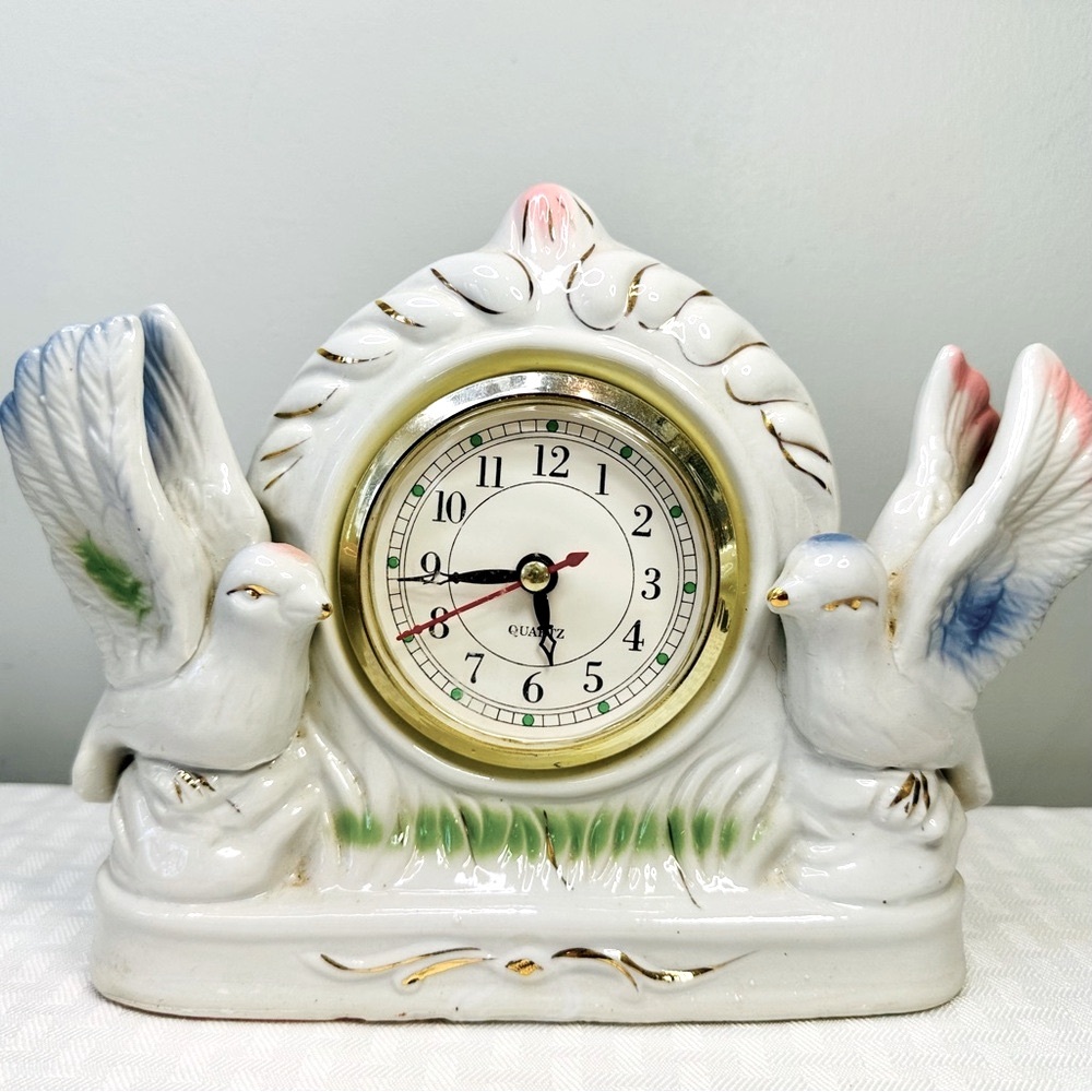 Elegant White Ceramic Clock with Doves